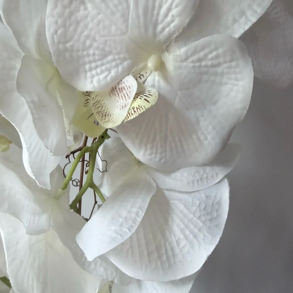 artificial white Phalaenopsis orchid arrangement in a brown textured vase 27”….